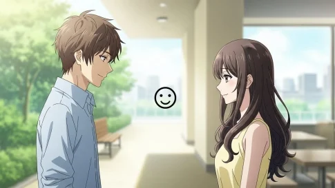 優しく見つめ合う男女キャラクターの間ににこにこマークが浮かぶアニメイラスト。にこにこマークの絵文字が持つ優しさと少しの距離感を表現している。