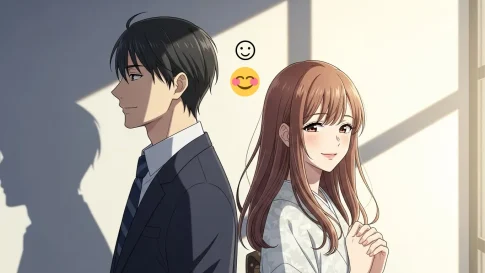 スーツ姿の男性と女性が背中合わせに立ち、☺と😊の違いを表すように異なる笑顔を見せるアニメイラスト。白抜きスマイルと頬を赤らめた笑顔の絵文字の意味と心理の違いを表現している。
