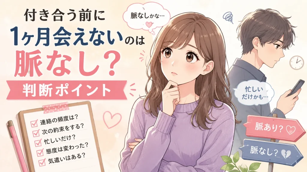 付き合う前に1ヶ月会えず、脈ありか脈なしか悩む女性とスマホを見る男性のアニメイラスト