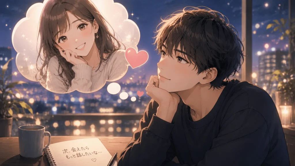 付き合う前に会えない時間の中で女性を思い出し、恋心を深めていく男性のアニメイラスト