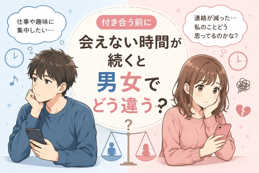 付き合う前に会えない時間が続く男女の違いを表現したアニメイラスト。男性は仕事や趣味を考え、女性は連絡頻度や気持ちの変化に不安を感じている様子。