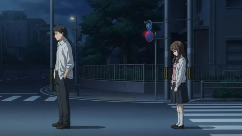 夜の街角で距離を置いて立つ男女。男性は前を向き、女性はうつむいている。付き合っていない男女の間に生まれる切ない距離感を表現したアニメイラスト。