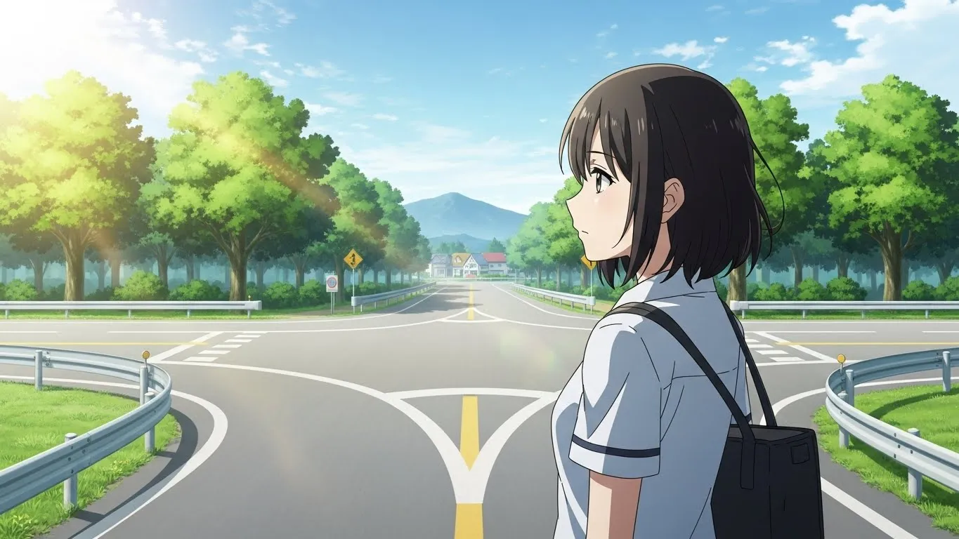 分かれ道の前で立ち止まり、進む方向を見つめる女性のアニメイラスト。恋愛に悩み、次の一歩を考える姿を穏やかに描いている。