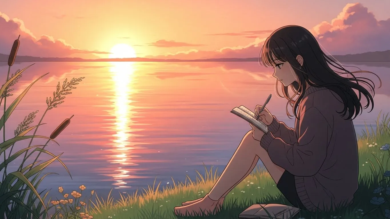 夕陽の湖畔でノートに気持ちを書きながら自分と向き合う女性のアニメイラスト。穏やかな光の中で前向きに考える姿を描いている。