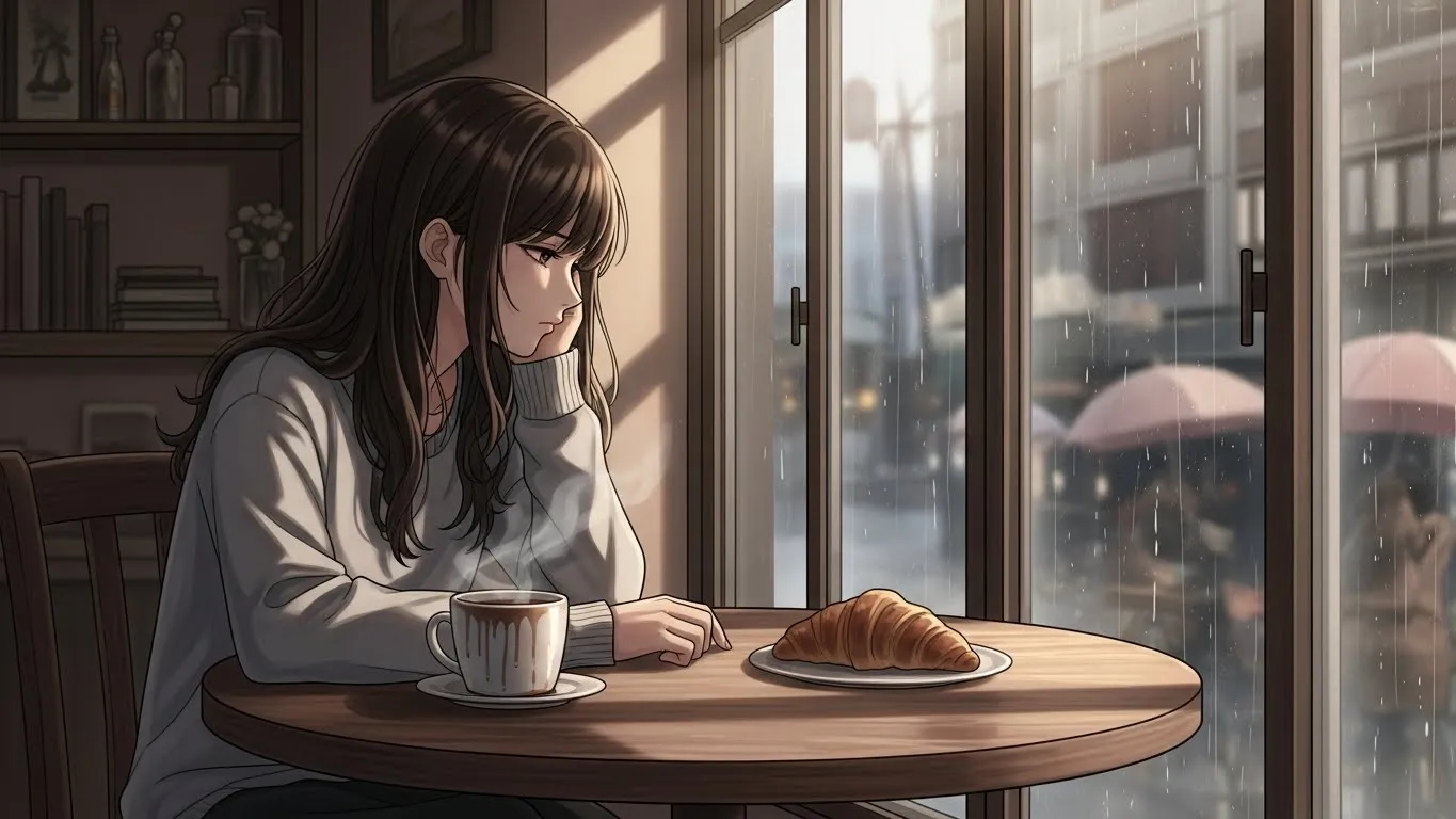 カフェの窓際でコーヒーを前に、雨の街を見つめながら考え込む女性のアニメイラスト。恋愛の誤解や不安を静かに表現している。