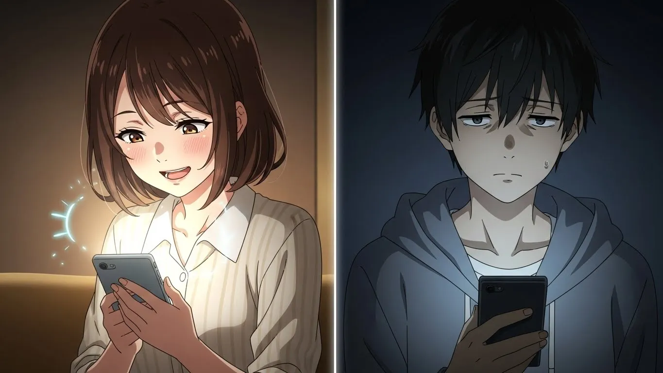スマートフォンを見つめる男女のアニメイラスト。女性は笑顔で返信を楽しみ、男性は暗い部屋で無表情に見つめている。恋愛における脈ありと脈なしの対比を表現。