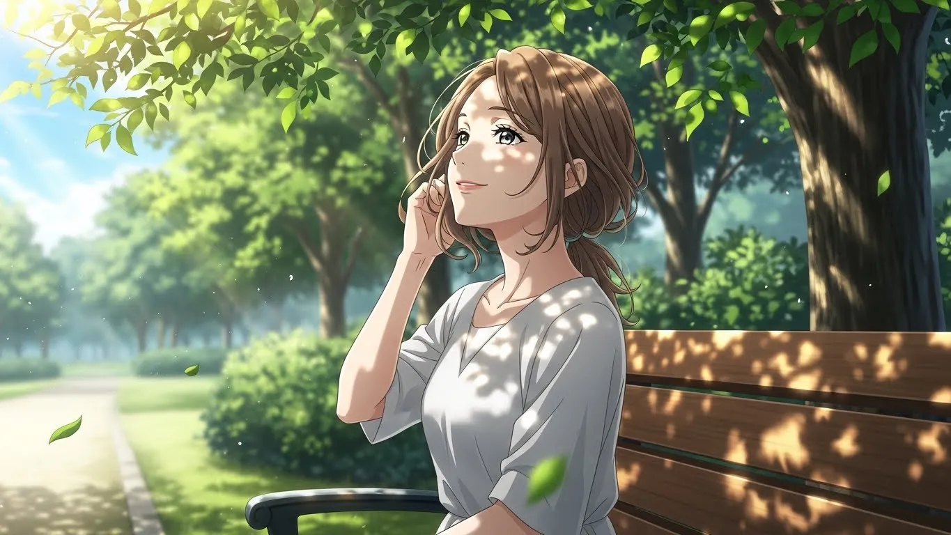 木漏れ日の公園で穏やかに微笑む女性のアニメイラスト。落ち着いた表情が、恋愛における余裕と信頼の大切さを象徴している。
