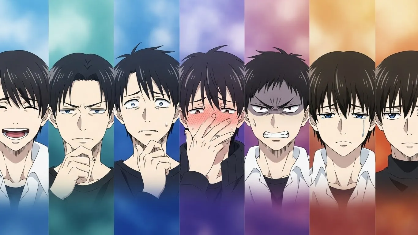 さまざまな感情を表す男性たちのアニメイラスト。笑顔、困惑、照れ、怒り、悲しみなど、7つの異なる表情で男性心理の多様さを表現している。