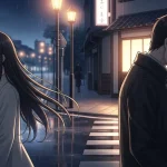 雨の夜の街で背中合わせに立つ男女のアニメイラスト。沈黙の中にすれ違う恋心と切なさを表現している。