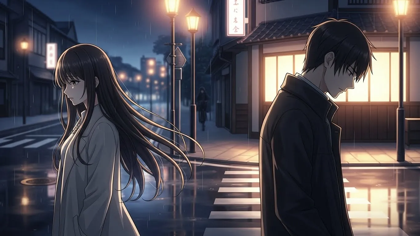 雨の夜の街で背中合わせに立つ男女のアニメイラスト。沈黙の中にすれ違う恋心と切なさを表現している。