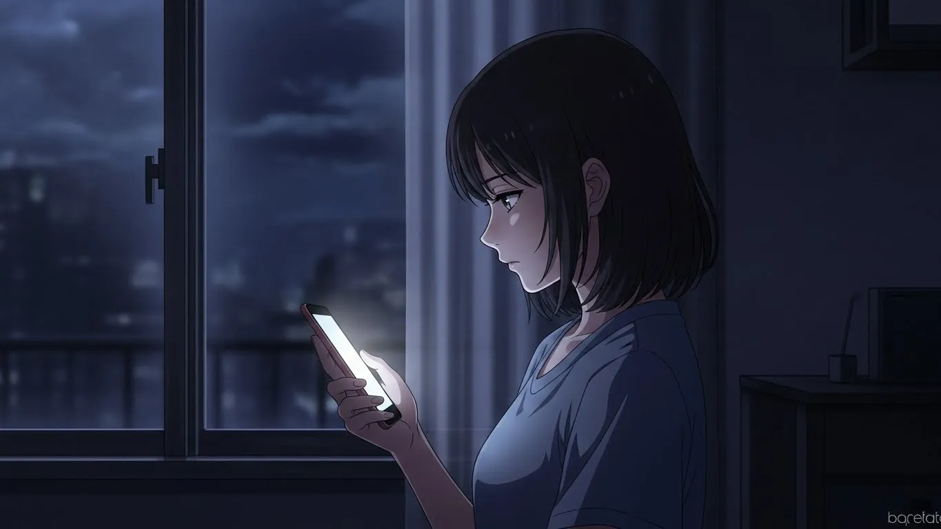 夜の部屋でスマートフォンを見つめる女性のアニメイラスト。会いたいと言えない男性心理に戸惑う心情を静かに表している。 