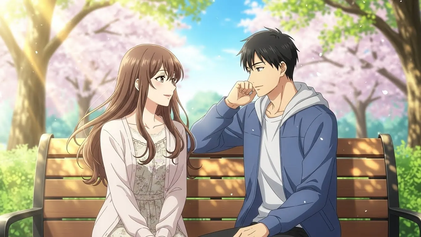 春の公園のベンチで男女が穏やかに会話しているアニメイラスト。桜の木々の下で、女性が微笑み、男性が優しく話を聞いている様子。信頼と安心感を表現した情景。