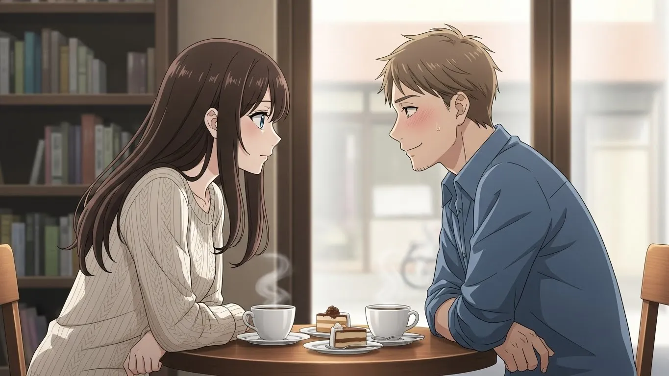 カフェで向かい合って微笑む男女のアニメイラスト。会うと優しい男性が本気かどうかを見抜くポイントをイメージした穏やかな雰囲気のシーン。