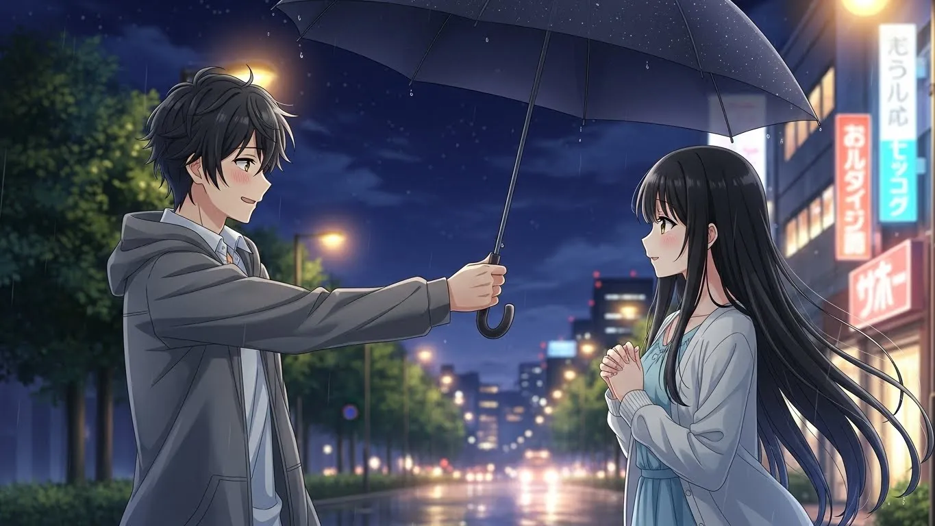 夜の街で傘を差し出す男性と、少し照れながら見上げる女性のアニメイラスト。雨の中で優しさを見せる男性の行動が、脈ありサインを象徴している。