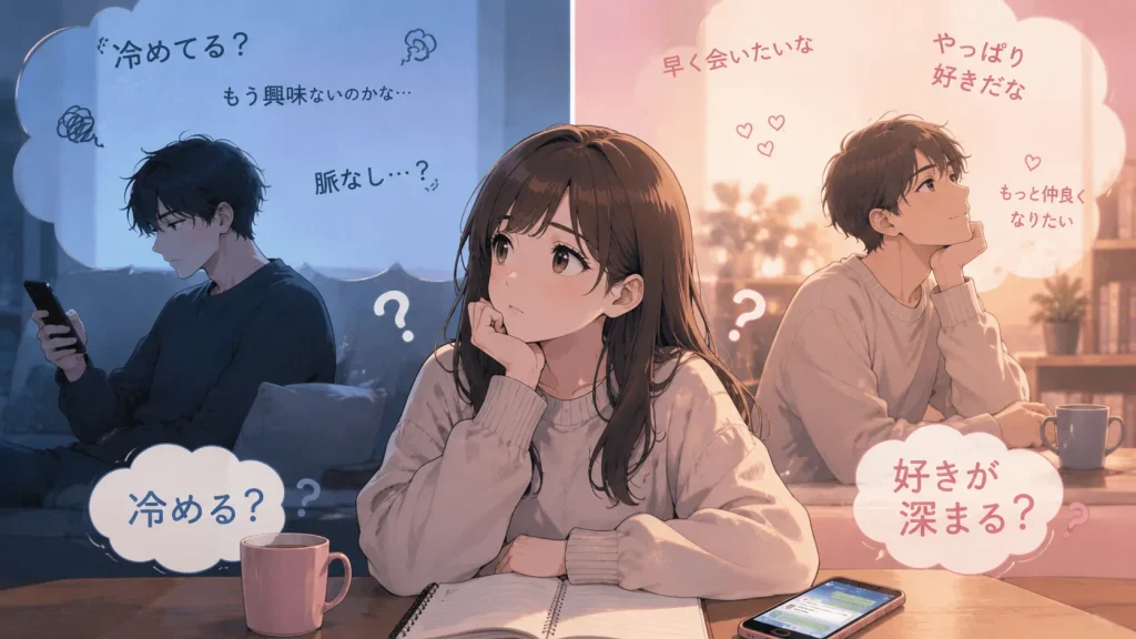 会えないと男性は冷めるのか、それとも好きが深まるのか悩む女性と男性心理を描いたアニメイラスト
