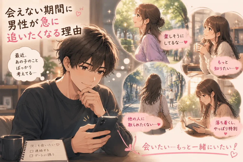 会えない期間に女性を思い出し、急に追いたくなる男性心理を描いたアニメイラスト
