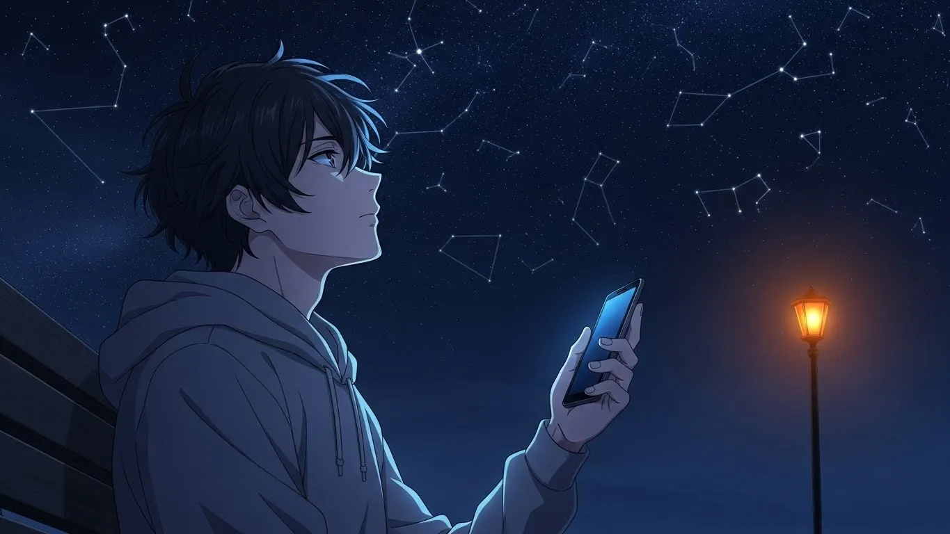 夜空を見上げながらスマホを手にする男性のアニメイラスト。星空の下で物思いにふける姿が、会わない男性の複雑な心理を表している。