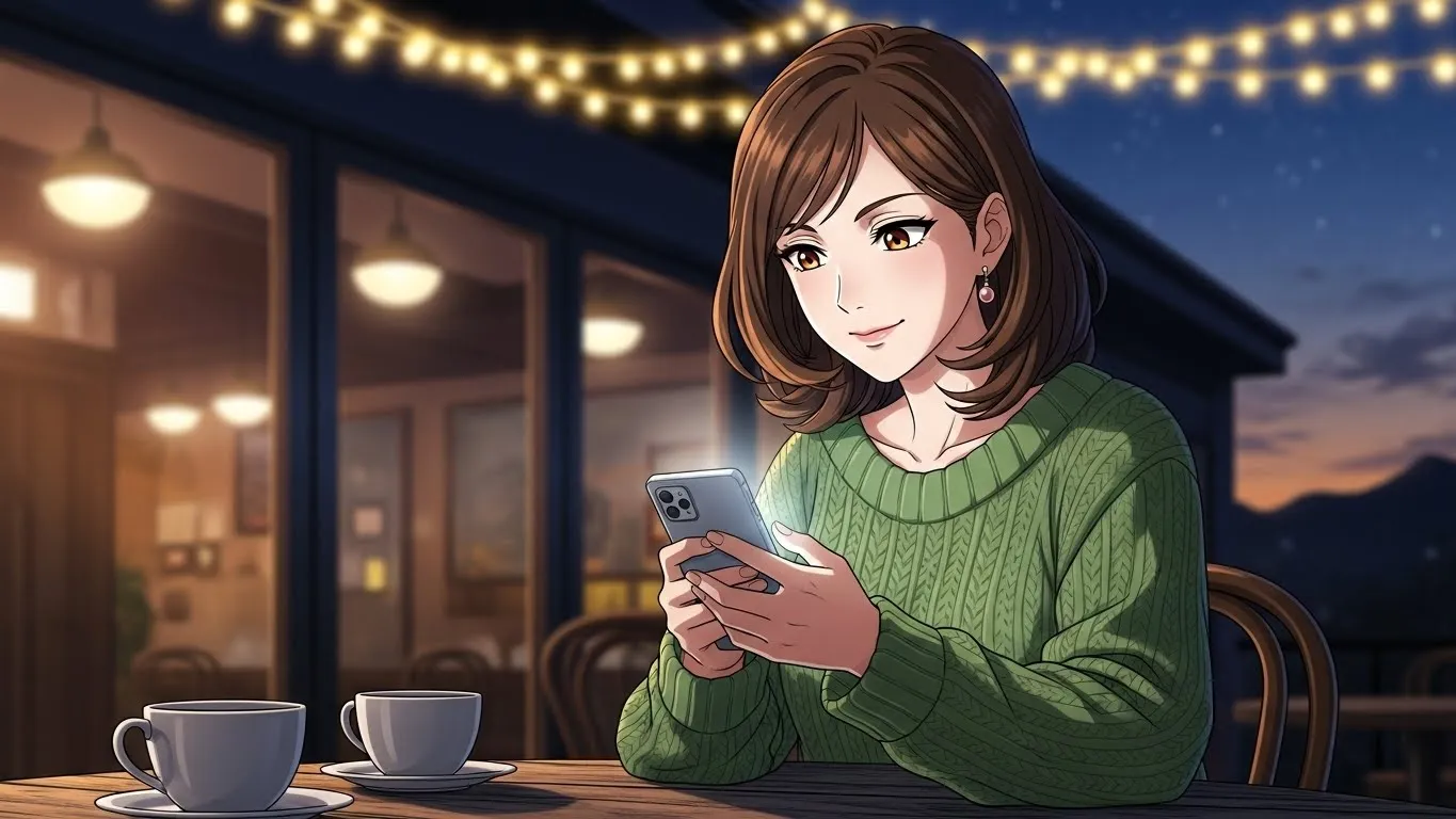 夜のカフェでスマートフォンを見つめる女性。テーブルにはコーヒーカップが並び、女性は穏やかな笑みを浮かべているアニメ風のイラスト