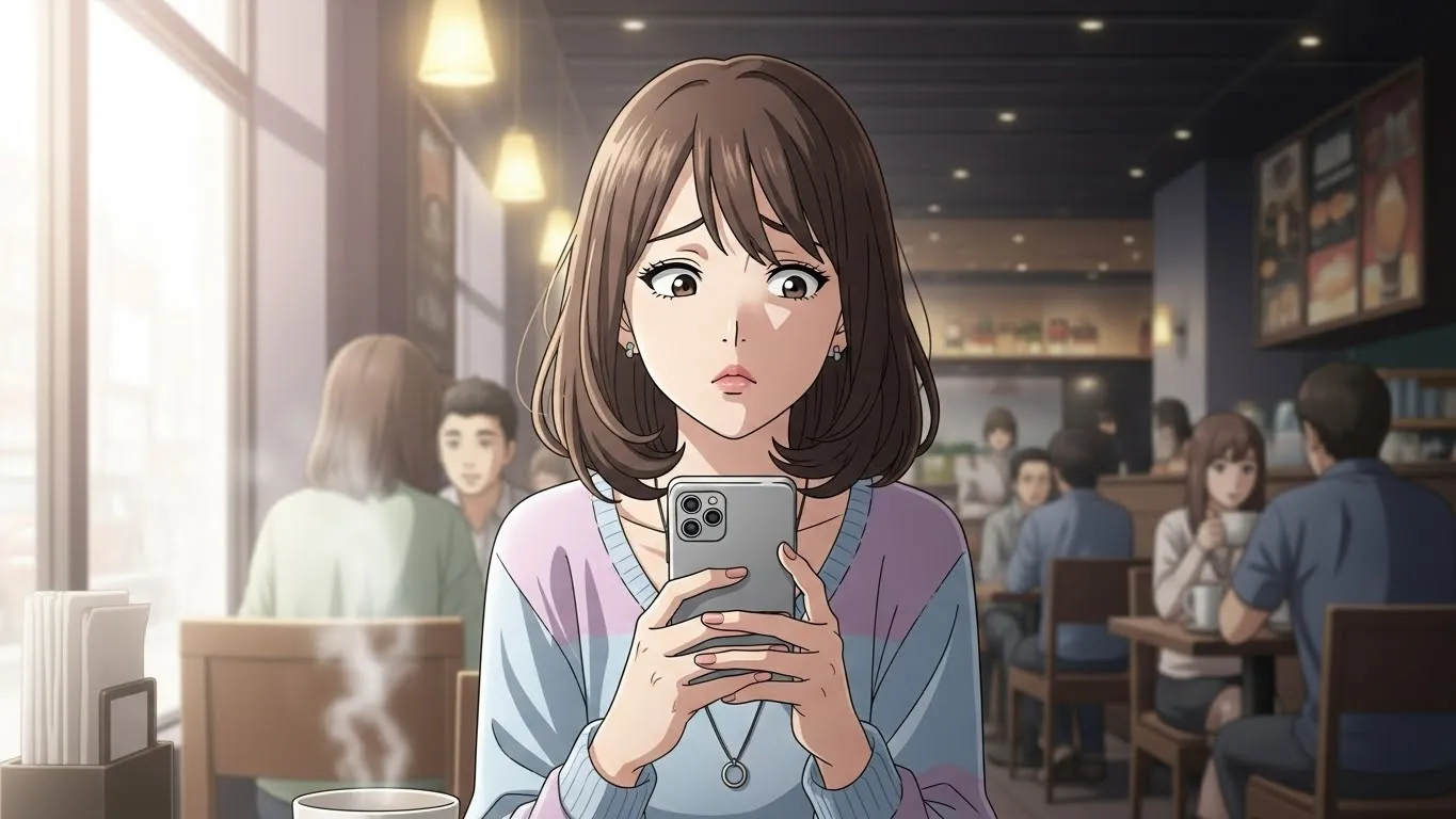 カフェでスマートフォンを見つめながら不安そうな表情を浮かべる女性。周囲には他の客が談笑しており、昼下がりの穏やかな雰囲気が漂うアニメ風イラスト