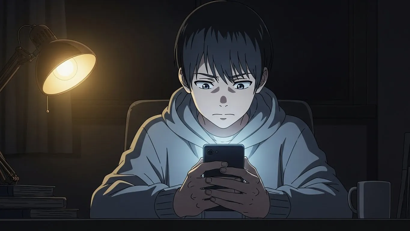 夜の部屋でデスクライトの下、真剣な表情でスマートフォンを見つめる男性。薄暗い部屋に光が差し、考え込むような雰囲気のアニメ風イラスト。