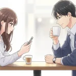 カフェのテーブルで向かい合う男女。女性はスマートフォンを見つめながら少し真剣な表情、男性は微笑みながらコーヒーを持ち上げているアニメ風のイラスト。