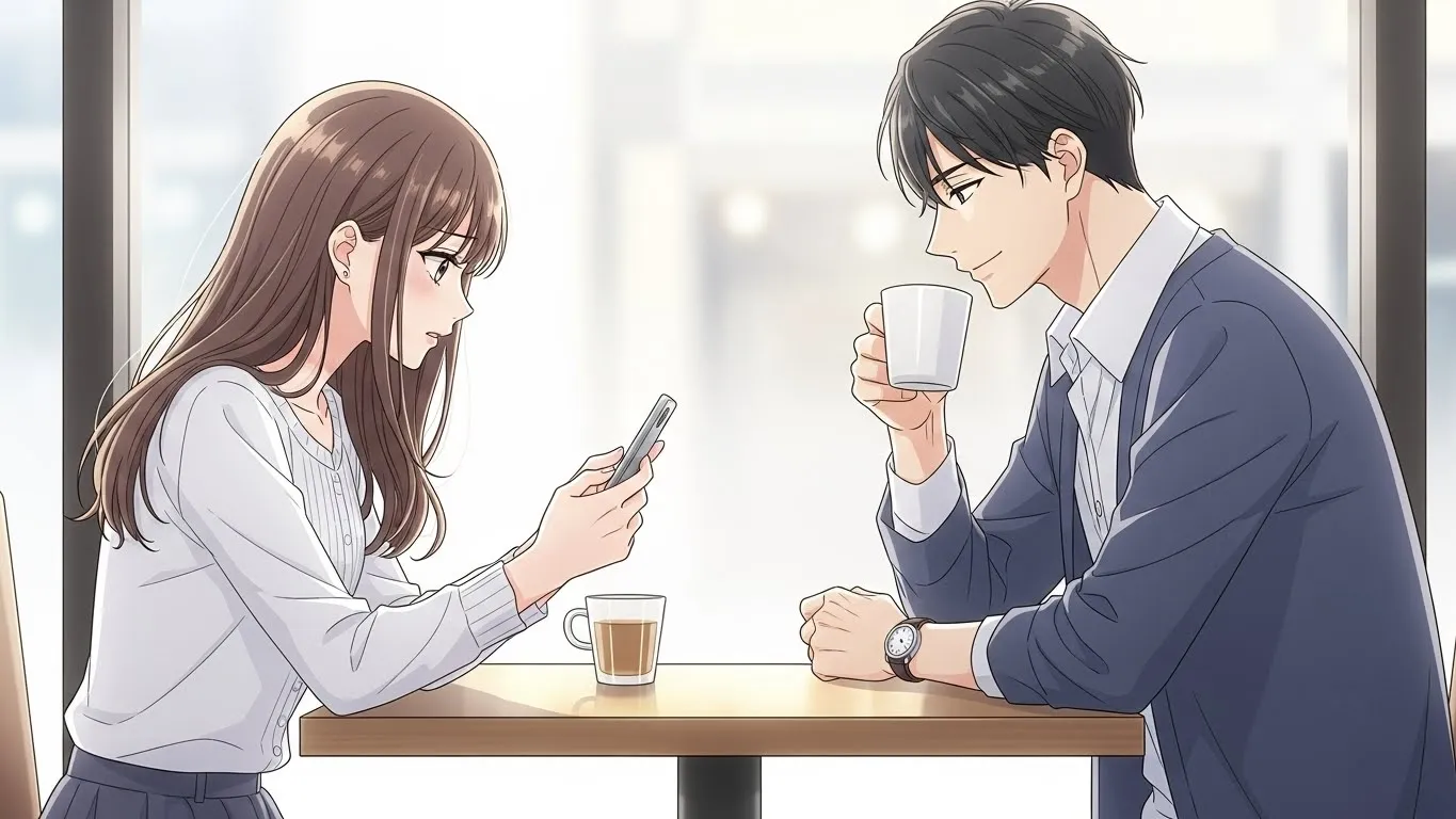 カフェのテーブルで向かい合う男女。女性はスマートフォンを見つめながら少し真剣な表情、男性は微笑みながらコーヒーを持ち上げているアニメ風のイラスト。