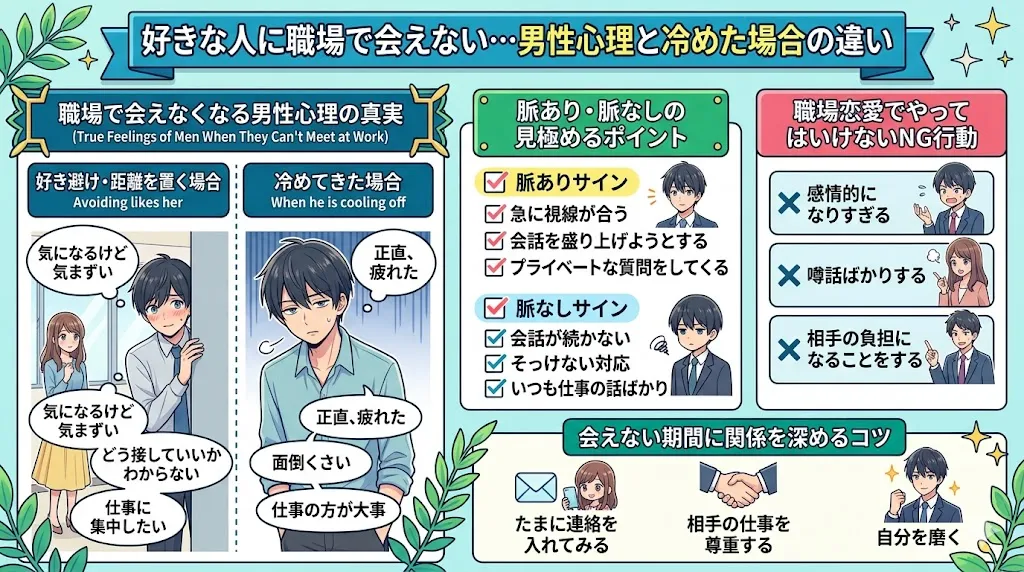 好きな人に職場で会えないときの男性心理と脈あり・脈なしの違いを解説した図解イラスト