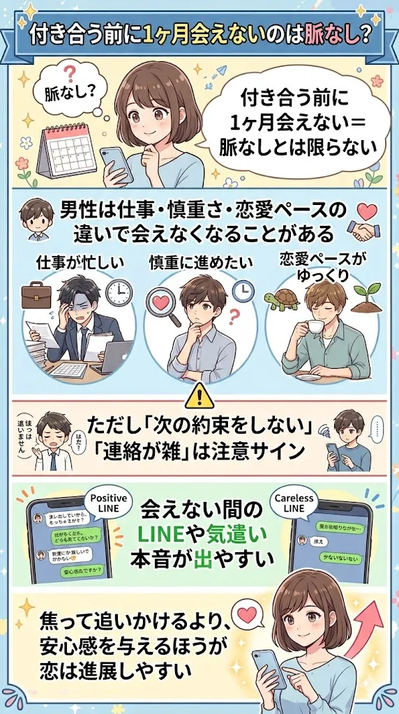 付き合う前に1ヶ月会えないのは脈なしなのか、男性心理や注意サイン、LINEの本音を解説した図解イラスト