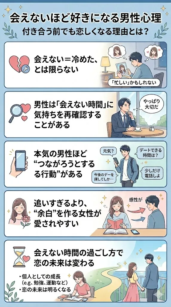 会えないほど好きになる男性心理と、会えない時間に男性が感じる本音や脈ありサインを解説した図解