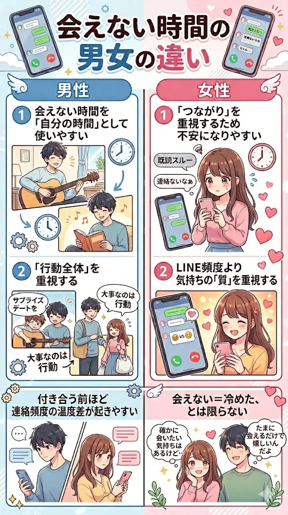 会えない時間に感じる男女の違いを解説したアニメ図解。男性は自分の時間や行動を重視し、女性はつながりやLINEの気持ちの質を重視する恋愛心理を表現。