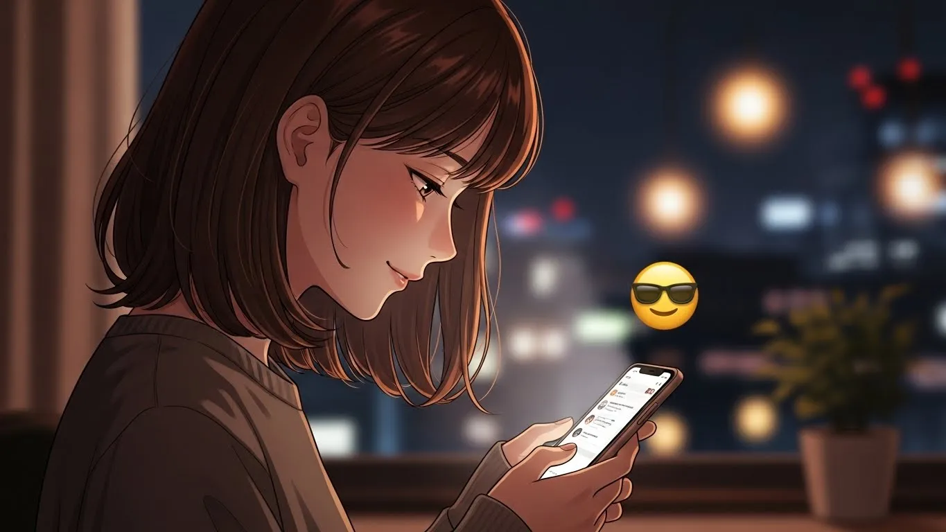 夜の部屋でスマートフォンを見つめる女性。メッセージにサングラスで笑顔の絵文字😎が表示され、落ち着いた表情でLINEのやり取りをしている様子を描いたアニメ風イラスト。