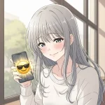 カフェでスマートフォンを持ち、😎サングラスで笑顔の絵文字を表示して微笑む女性。余裕や照れ隠しを表す女性心理をイメージしたアニメ風イラスト。