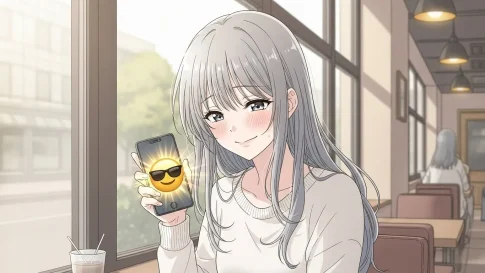 カフェでスマートフォンを持ち、😎サングラスで笑顔の絵文字を表示して微笑む女性。余裕や照れ隠しを表す女性心理をイメージしたアニメ風イラスト。