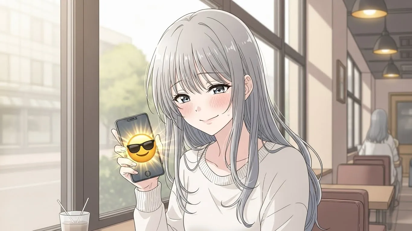 カフェでスマートフォンを持ち、😎サングラスで笑顔の絵文字を表示して微笑む女性。余裕や照れ隠しを表す女性心理をイメージしたアニメ風イラスト。
