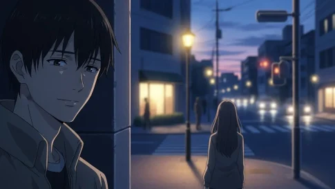 夕暮れの街角で男性が柱の陰から女性を見つめるアニメイラスト。好きだから距離を置く男性心理と本気のサインを象徴する穏やかな情景。