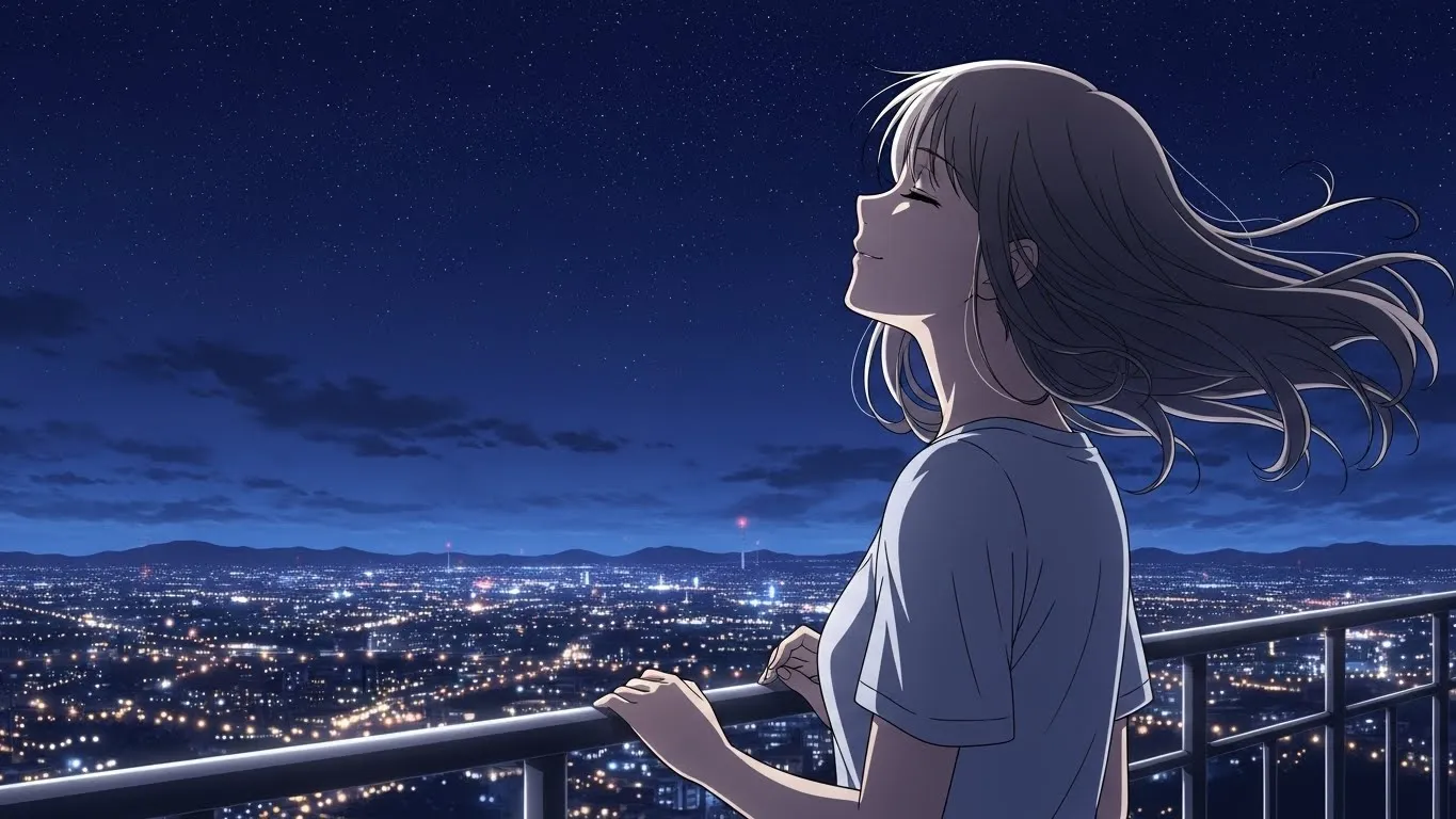 夜景を見上げながら深呼吸する女性。風に髪をなびかせ、心を落ち着けるように微笑むアニメイラスト