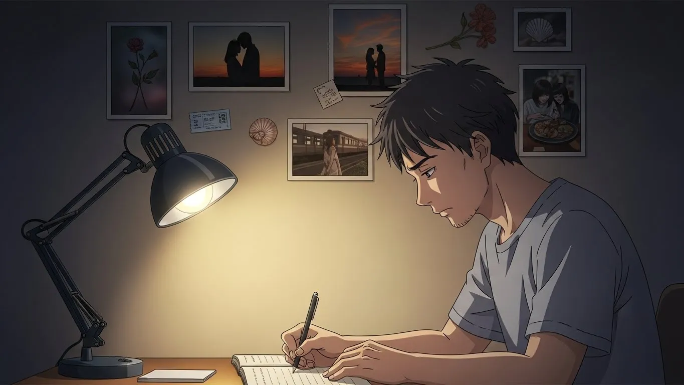 夜の部屋で机に向かい、考え込みながらノートに言葉を綴る男性。恋愛に迷う心情を静かに表現したアニメイラスト