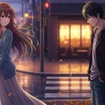 秋の夕暮れに、好きなのに距離を感じる男女が立ち止まる様子。切なさと静かな愛情が伝わるアニメイラスト