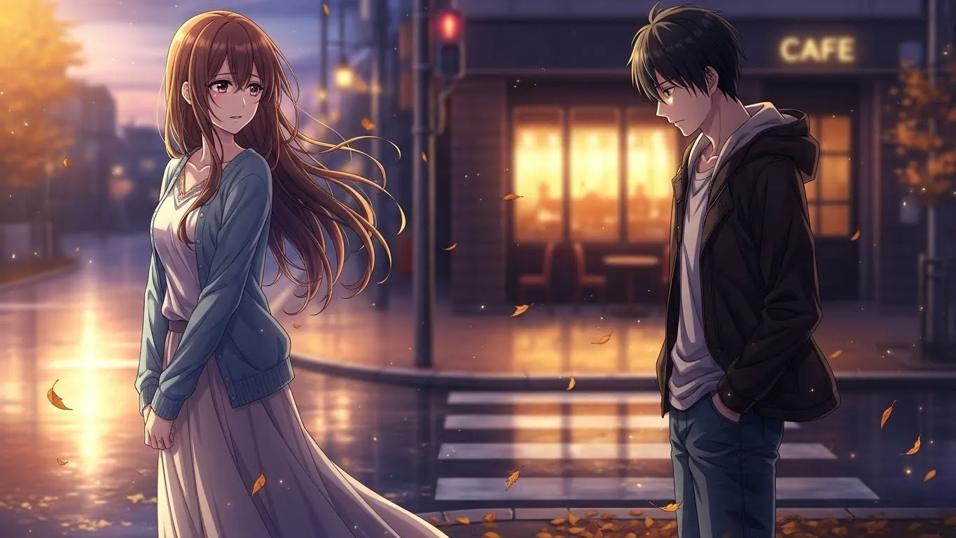 秋の夕暮れに、好きなのに距離を感じる男女が立ち止まる様子。切なさと静かな愛情が伝わるアニメイラスト