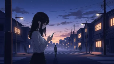 夕暮れの街でスマートフォンを見つめる女性のアニメイラスト。距離を置いた男性を思い、切ない気持ちを抱える様子を描いている。
