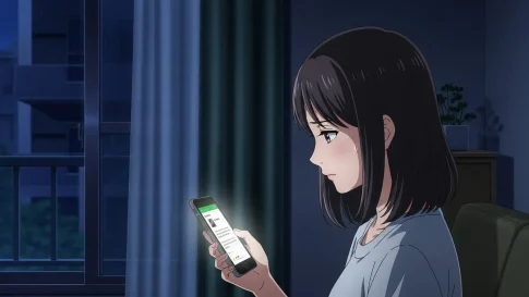 夜の部屋でスマートフォンを見つめ、不安そうな女性のアニメイラスト。LINEで急に冷たくなる男性の心理を考える様子を描写。