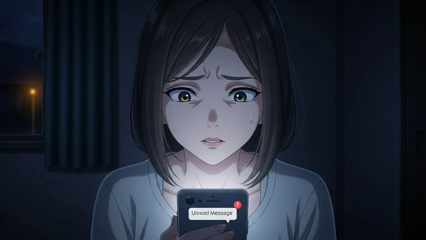 夜の部屋でスマートフォンを見つめ、不安そうな表情を浮かべる女性のアニメ風イラスト。画面には未読メッセージの通知が光り、胸のざわめきを感じさせる情景。