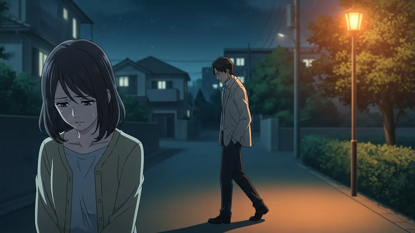 夜の街灯の下で、距離を置いて立つ男女。女性は悲しそうにうつむき、男性は背を向けて歩き出している。LINEがそっけなくて会っても違和感を感じる瞬間を描いたアニメイラスト。