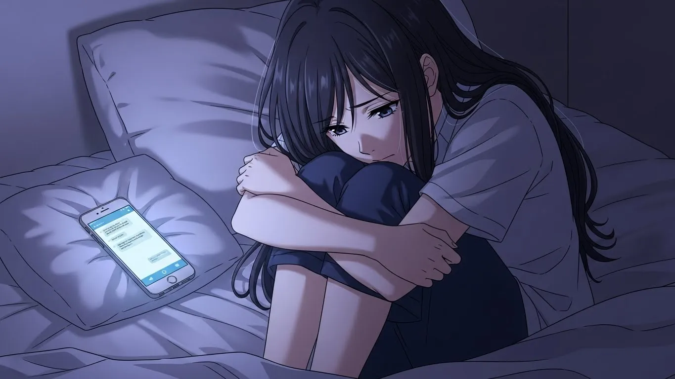 ベッドの上で膝を抱えてスマホを見つめる女性のアニメイラスト。返信が来ないスマホの画面を見て切ない表情を浮かべている。