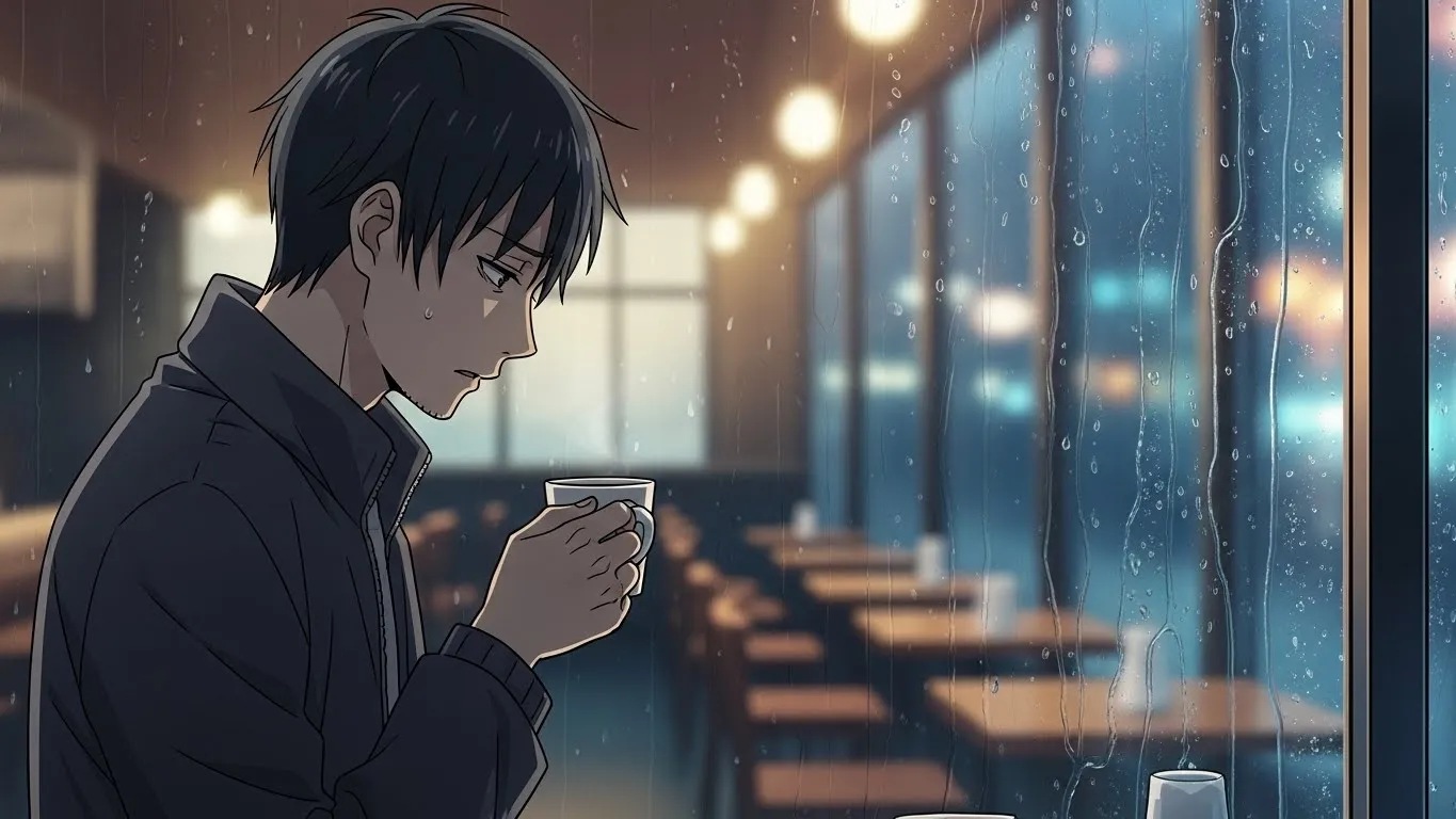 雨の降るカフェの窓際で、男性がコーヒーカップを見つめながら考え込むアニメ風イラスト。外の光がぼやけ、静かで切ない空気が漂う情景。