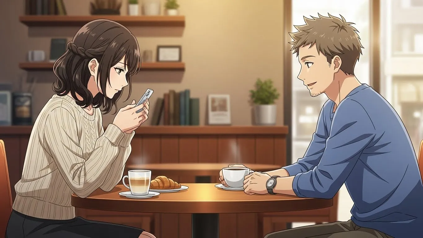 カフェで女性がスマホを見つめ、男性が優しく微笑みながら向き合っているアニメイラスト。女性は少し考え込んだ表情で、男女の心理の違いを象徴する構図。