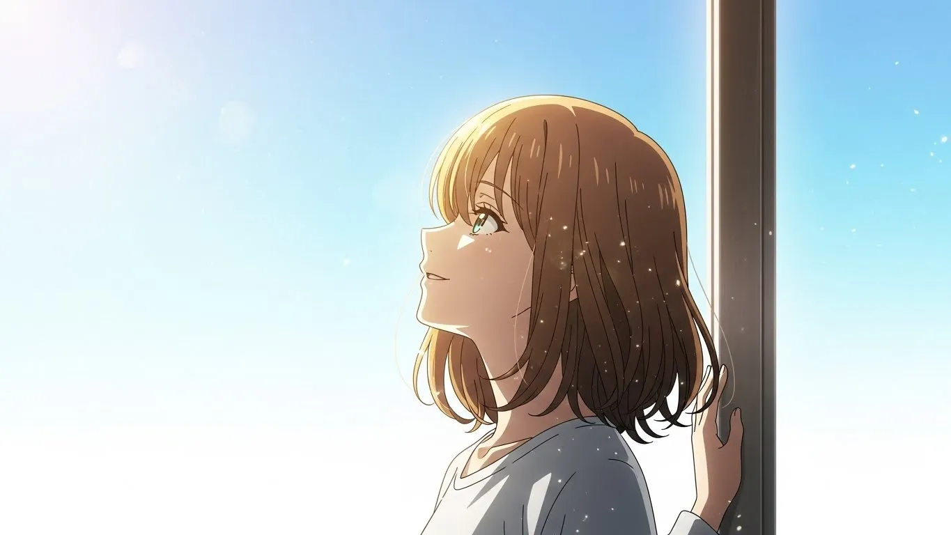 青空の下で窓際に立ち、空を見上げて微笑む女性。朝日が差し込み、前向きな気持ちを感じさせるアニメ風のイラスト