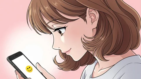 スマートフォンを見つめながら微笑む女性のアニメイラスト。白抜きスマイルマーク絵文字を通して、恋愛における優しい気持ちや穏やかな好意を表現しているシーン。