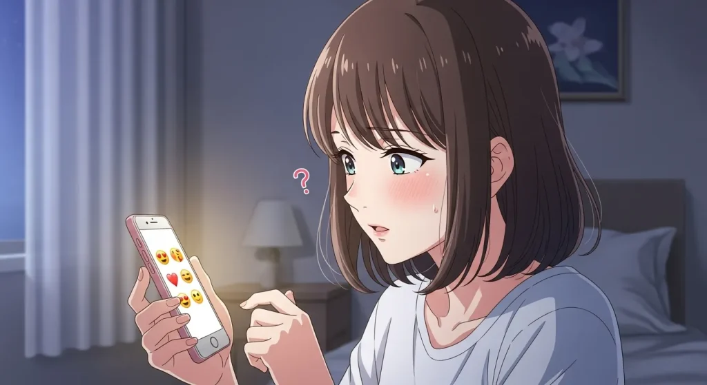 スマホの絵文字メッセージを見て脈ありか悩む女性のアニメイラスト