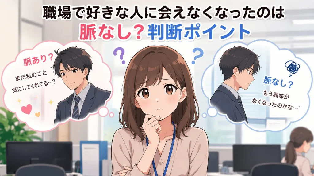 職場で好きな人に会えなくなり脈ありか脈なしか悩む女性のアニメイラスト